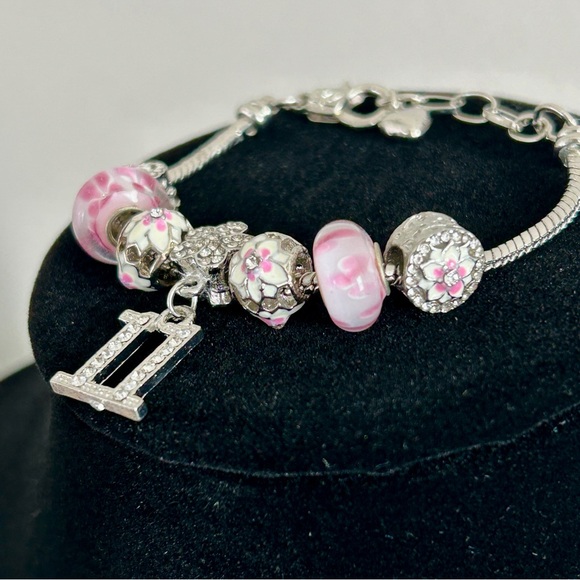 8" Charm Bracelet Silver Happy 11th Birthday Crystal Pave Setting, Enamel Beads - Picture 4 of 8